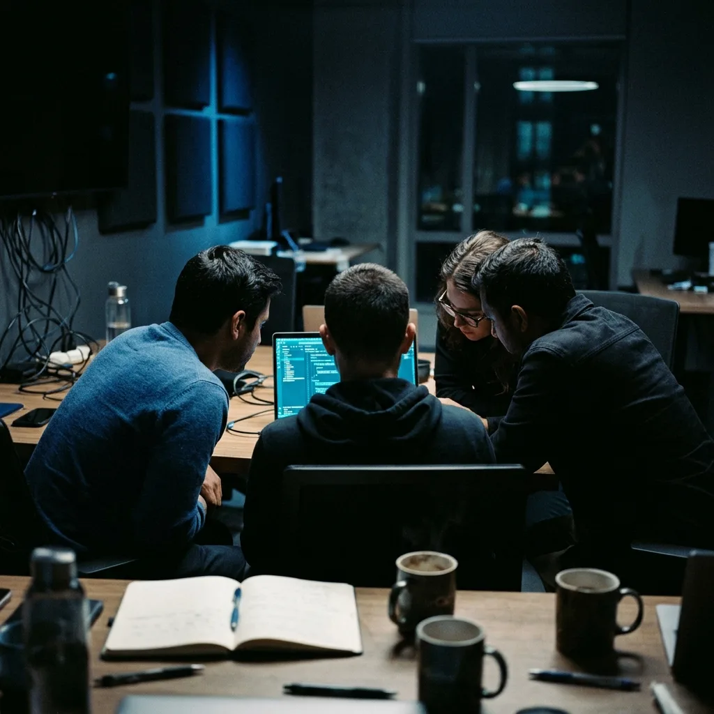 Quatre personnes autour d'un ordinateur dans un bureau sombre, illustration de l'article.
