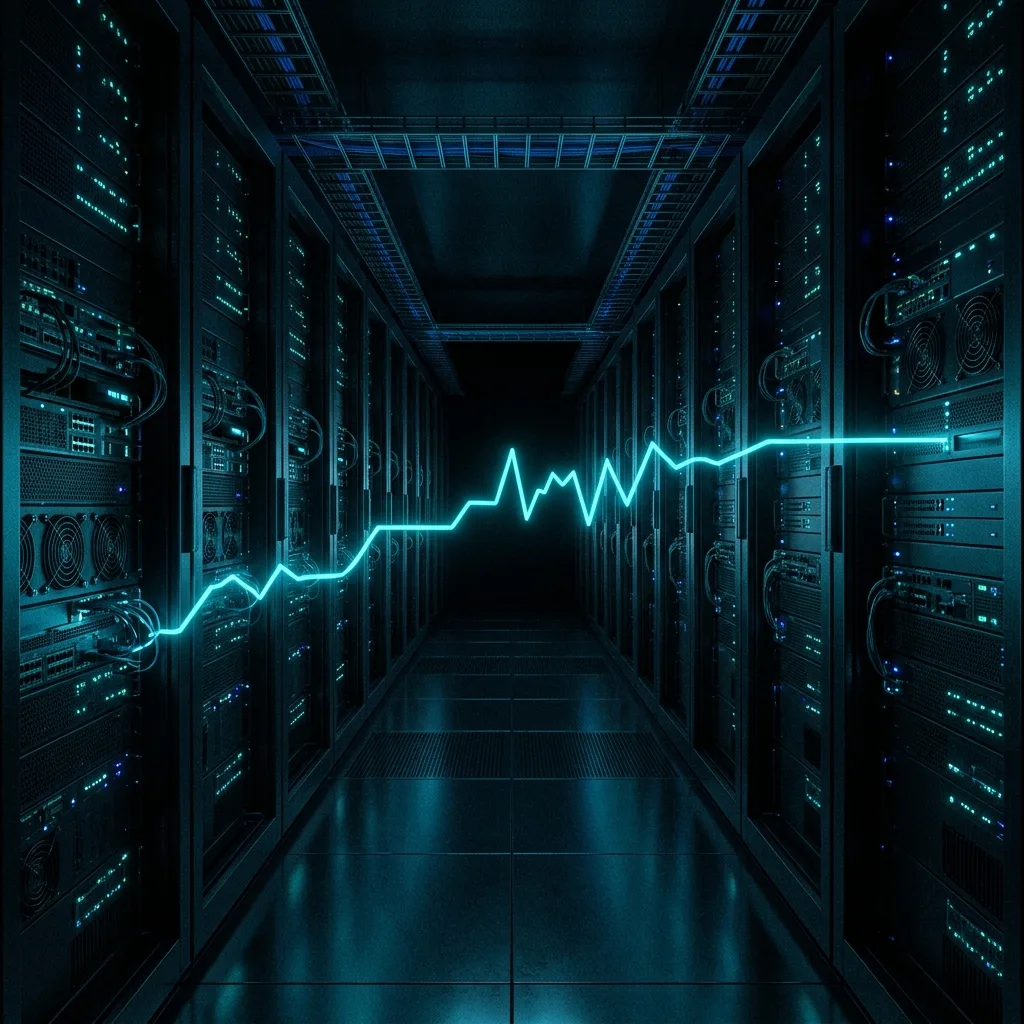 Couloir de baies de serveurs traversé par une courbe lumineuse cyan.