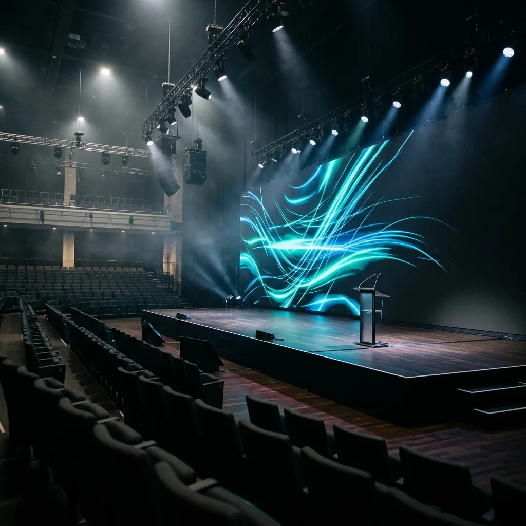 Salle de congrès sombre, scène et écran cyan, pupitre éclairé.