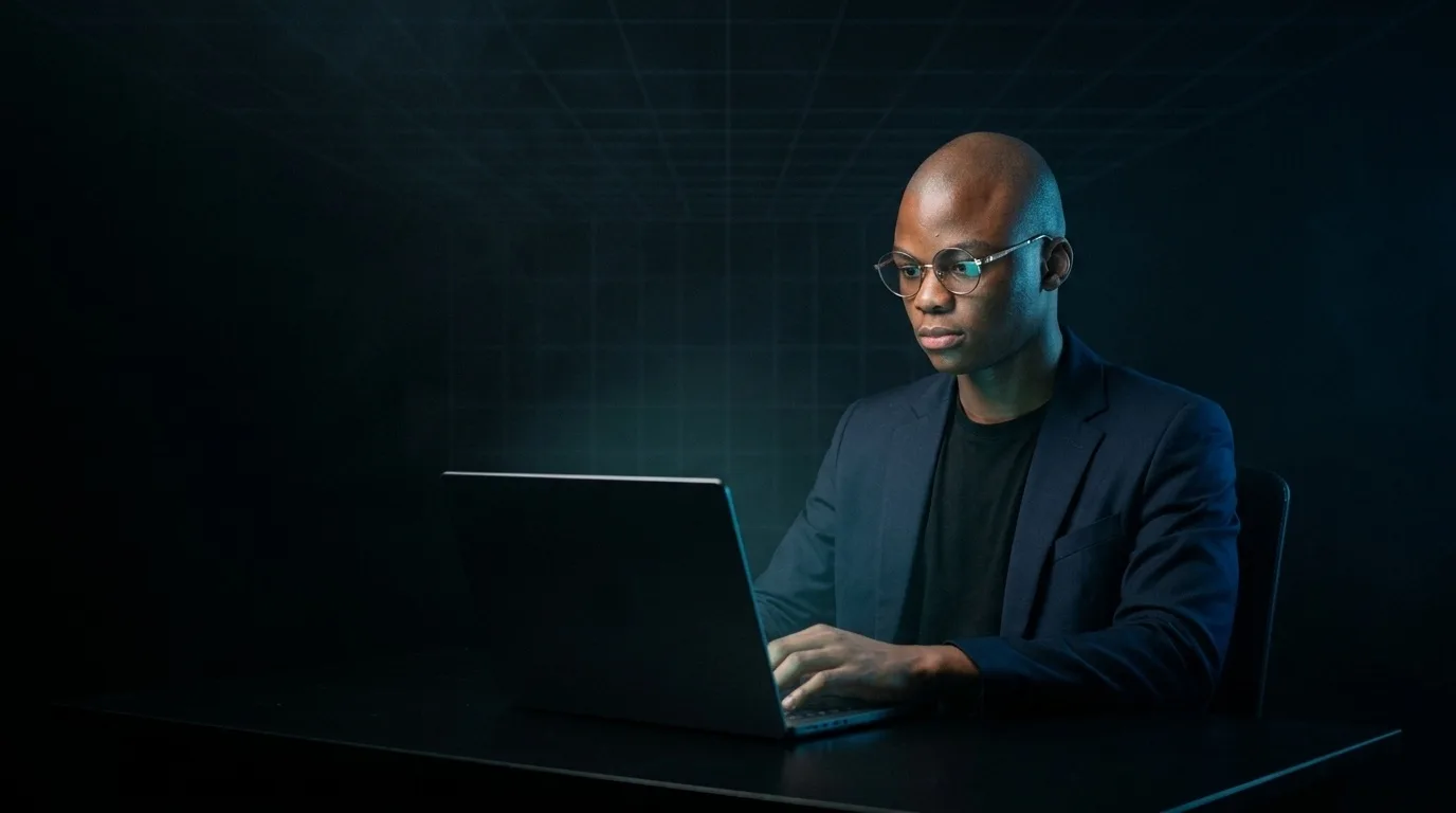 Yoane Ngassam en veste sombre, lumière cyan, dans un intérieur peu éclairé.